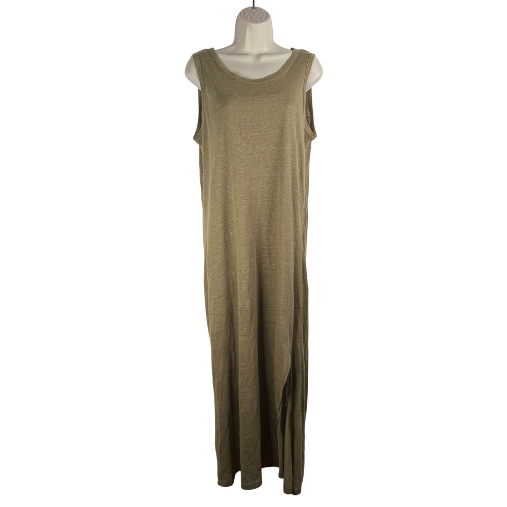 Mod Ref M Olive Green Linen Sleeveless Maxi Dress Side Slit Summer Minimalist